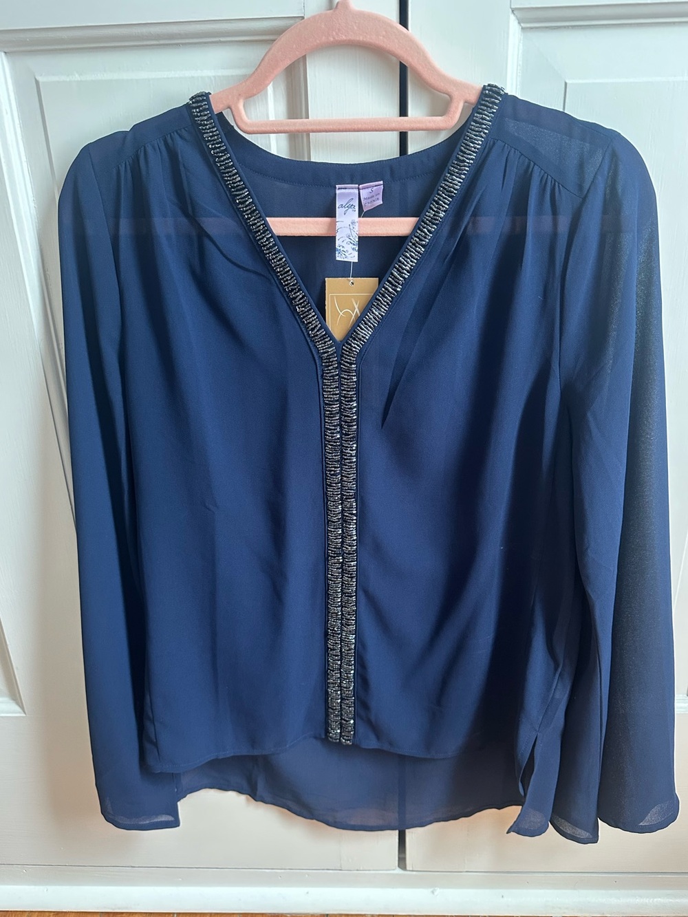 Francesca's Collections Navy Beaded V-Neck Blouse